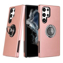 Dual Layer Armor Hybrid Stand Ring Case for Samsung Galaxy S22 Ultra 5G (Rose Gold)